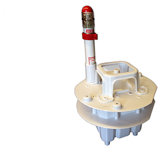3D-printed prototype of the flotation device, white with a red cap